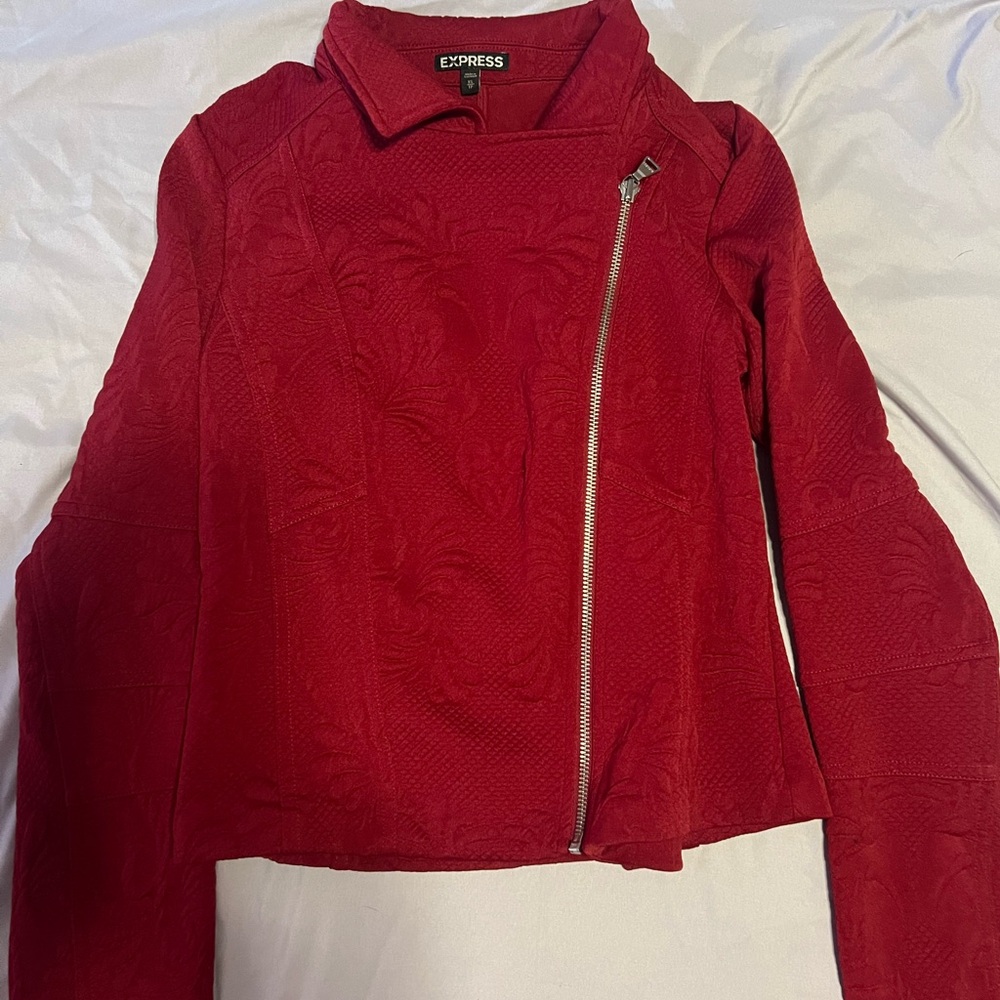 Express XS women’s dark Red Brocade Moto Zip-Up Jacket